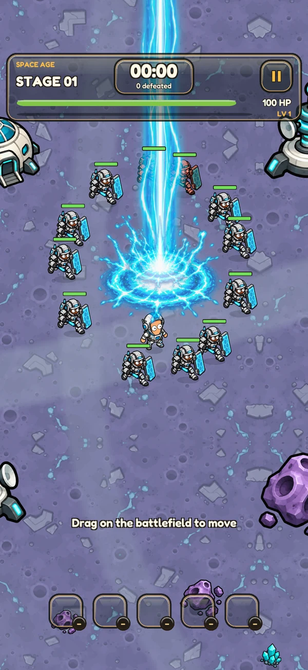 A brilliant orbital laser strikes the Space Age battlefield