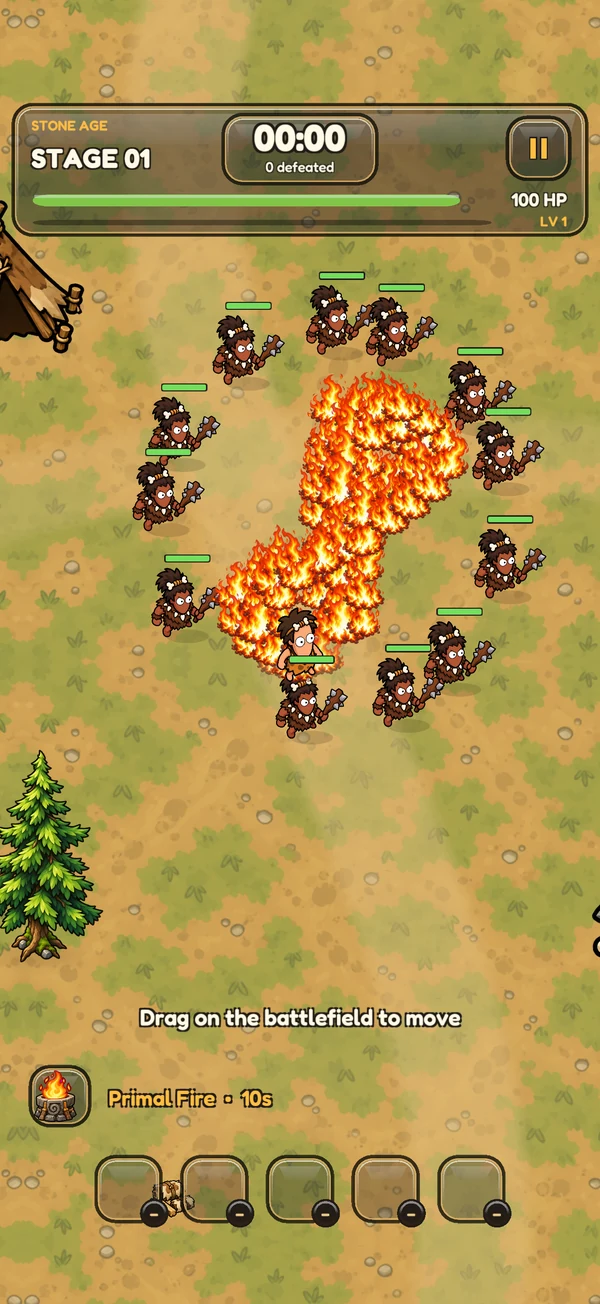 The player leaves a blazing fire trail through a group of Stone Age enemies